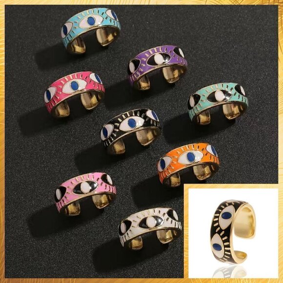 Evil Eye Enamel and Copper Adjustable Ring #1209 BLACK - Picture 1 of 10